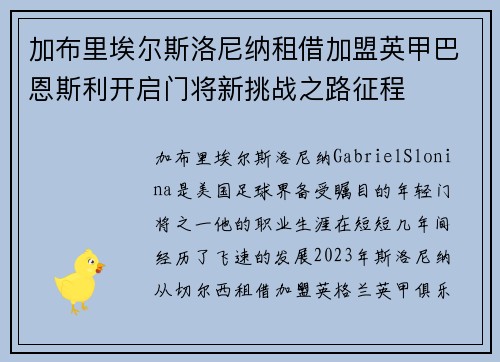 加布里埃尔斯洛尼纳租借加盟英甲巴恩斯利开启门将新挑战之路征程
