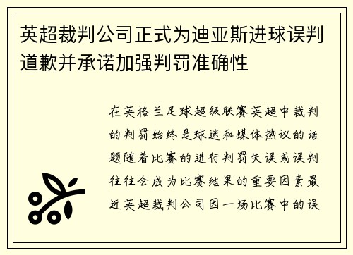 英超裁判公司正式为迪亚斯进球误判道歉并承诺加强判罚准确性